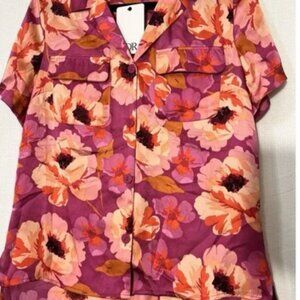 Anthropology DR2 Womens Blouse M Multicolor‎ Floral Short Sleeve Breast Pockets